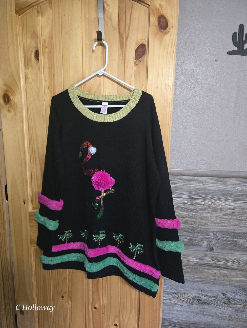 Holiday Time Women’s XXL Black Flamingo Christmas Sequin Knit Pullover Sweater